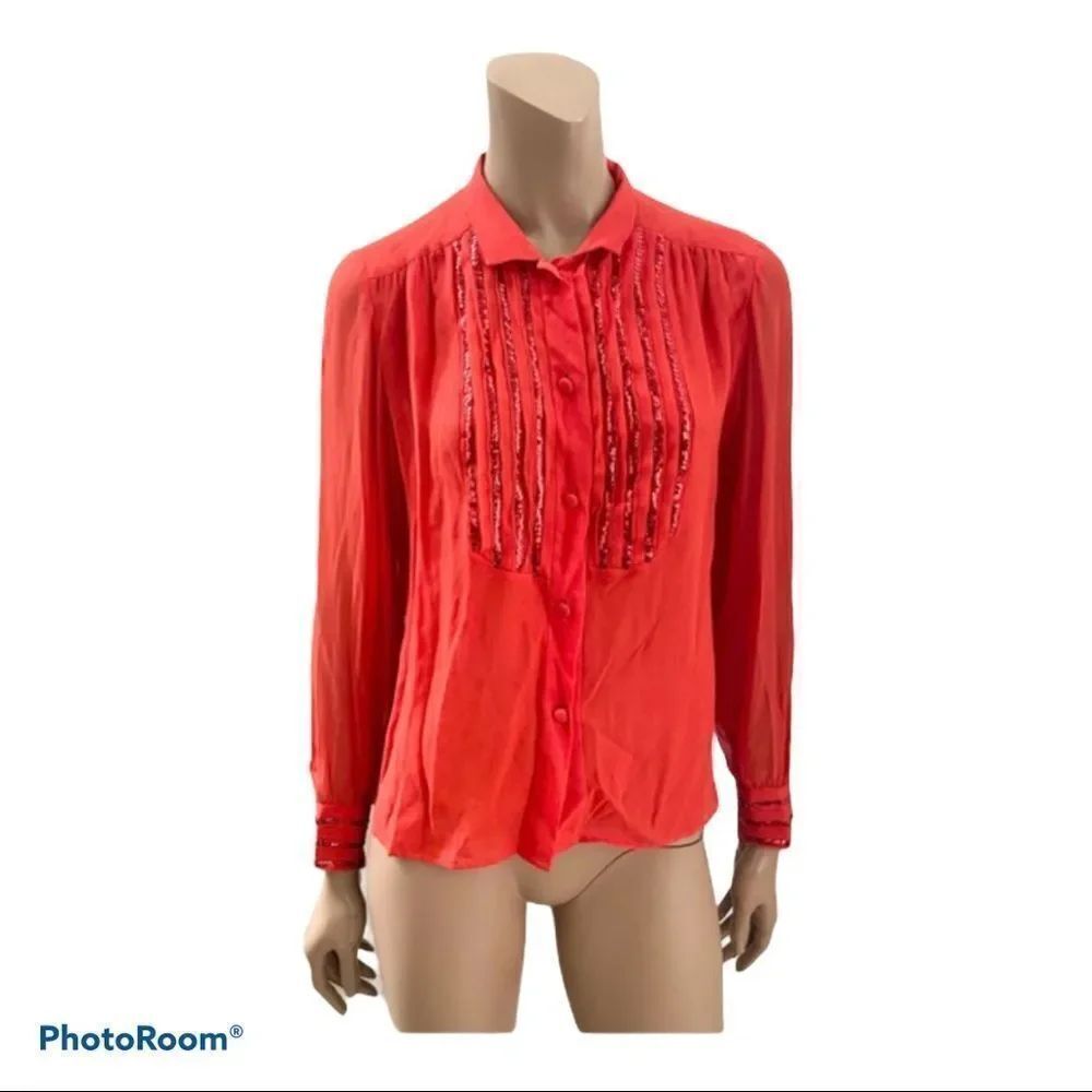 Celine Paris Vintage Red Silk sequins stripes detail Button Blouse S